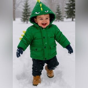 LITTLE ME Green Dragon Monster Puffer Coat w Navy Fleece Lining 18M Kids Jacket